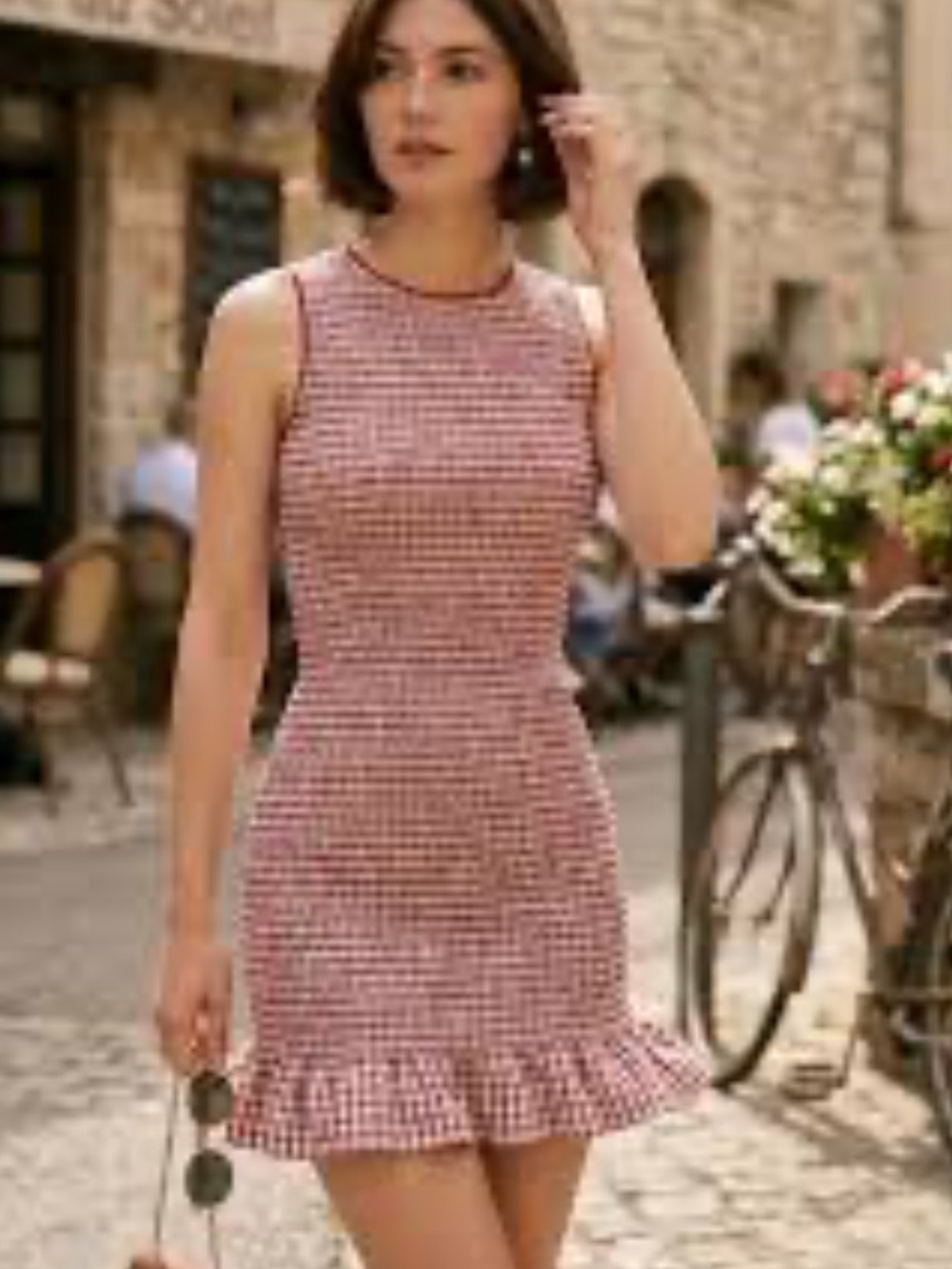 Sleeveless Red Gingham Mini Dress with Ruffle Hem